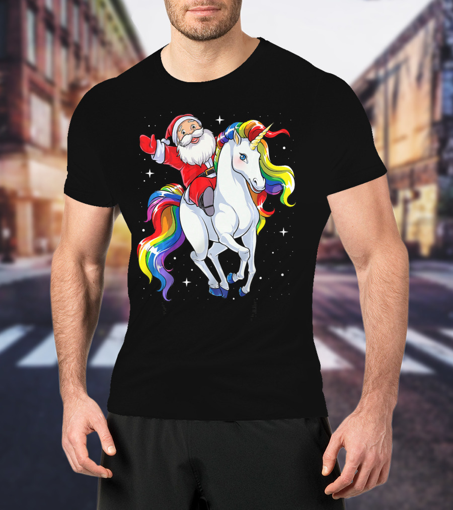 Santa Riding Magical Rainbow Unicorn T-Shirt