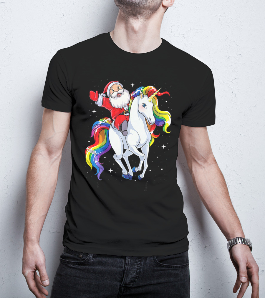 Santa Riding Magical Rainbow Unicorn T-Shirt