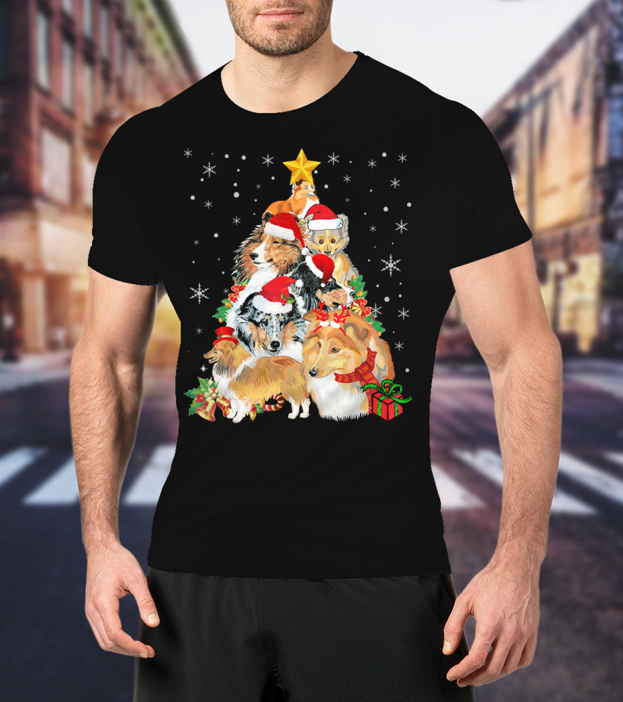 Sheltie Dogs In Santa Hats Forming Christmas Tree With Stars And Gifts T-Shirt