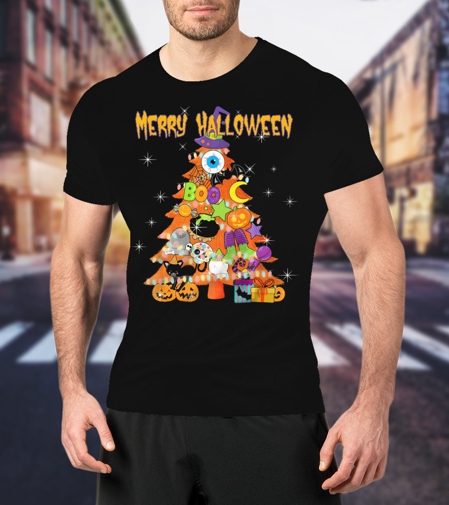 Merry Halloween Tree With Cute Boo Decorations And Spooky Elements T-Shirt