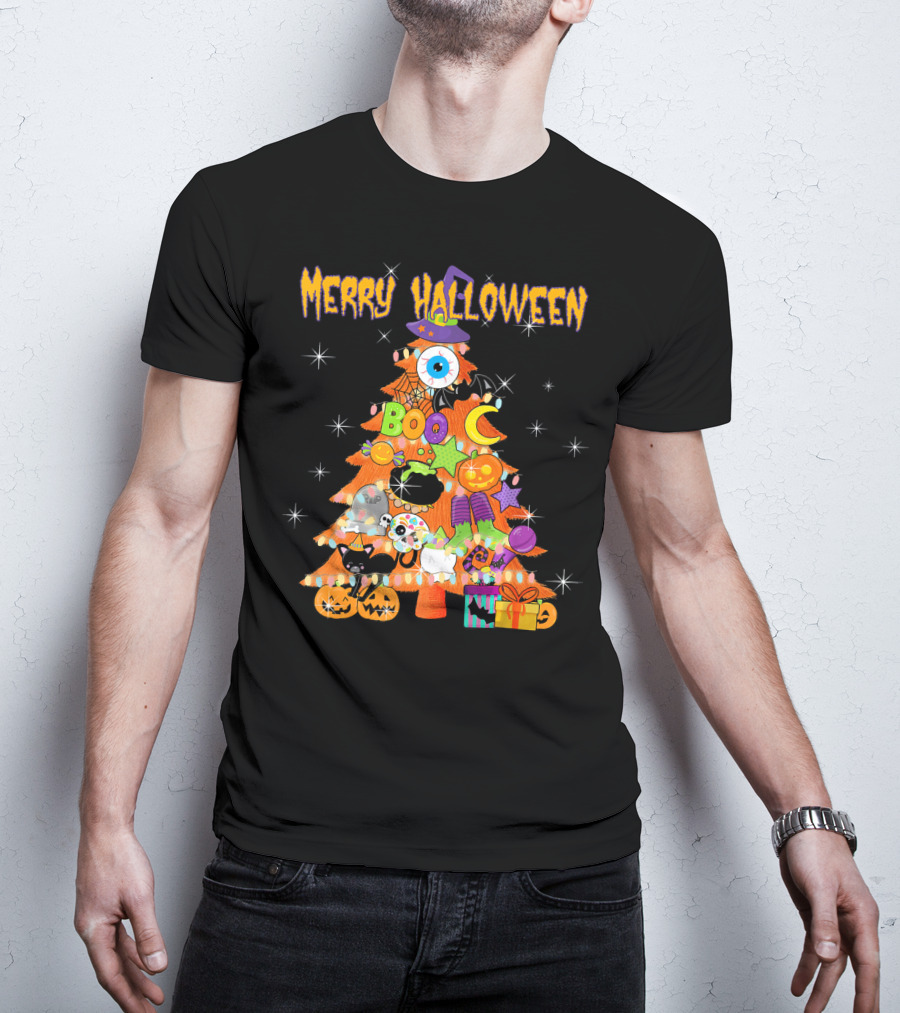 Merry Halloween Tree With Cute Boo Decorations And Spooky Elements T-Shirt