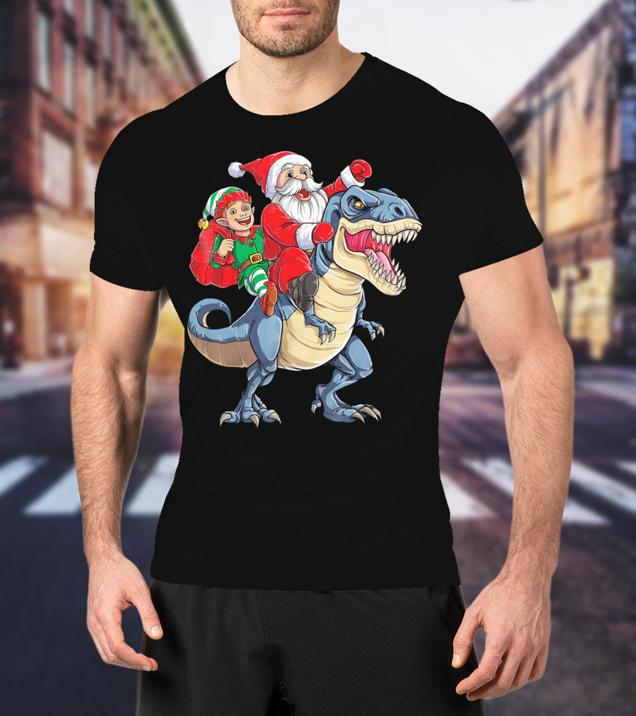 Santa Elf Riding Dinosaur Christmas Boys T-Shirt