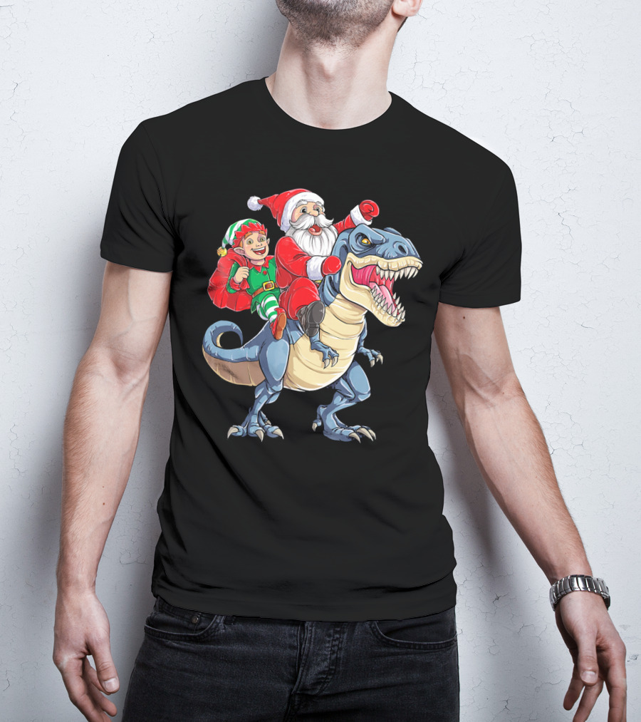 Santa Elf Riding Dinosaur Christmas Boys T-Shirt
