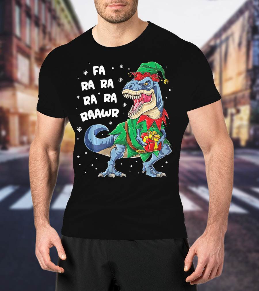 Fa Ra Ra Ra Ra Rawr Dinosaur Christmas Elf With Gift T-Shirt