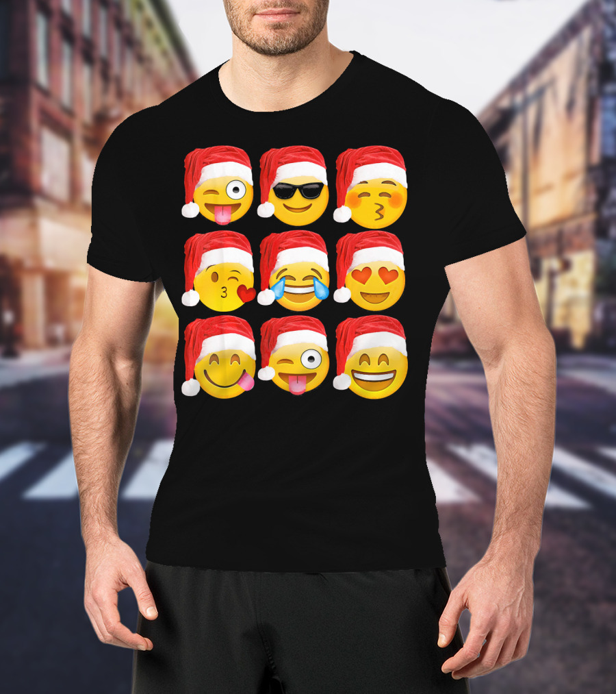 Emoji Christmas Santa Hats Heart Eyes Kiss Faces T-Shirt