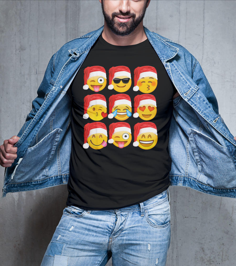 Emoji Christmas Santa Hats Heart Eyes Kiss Faces T-Shirt
