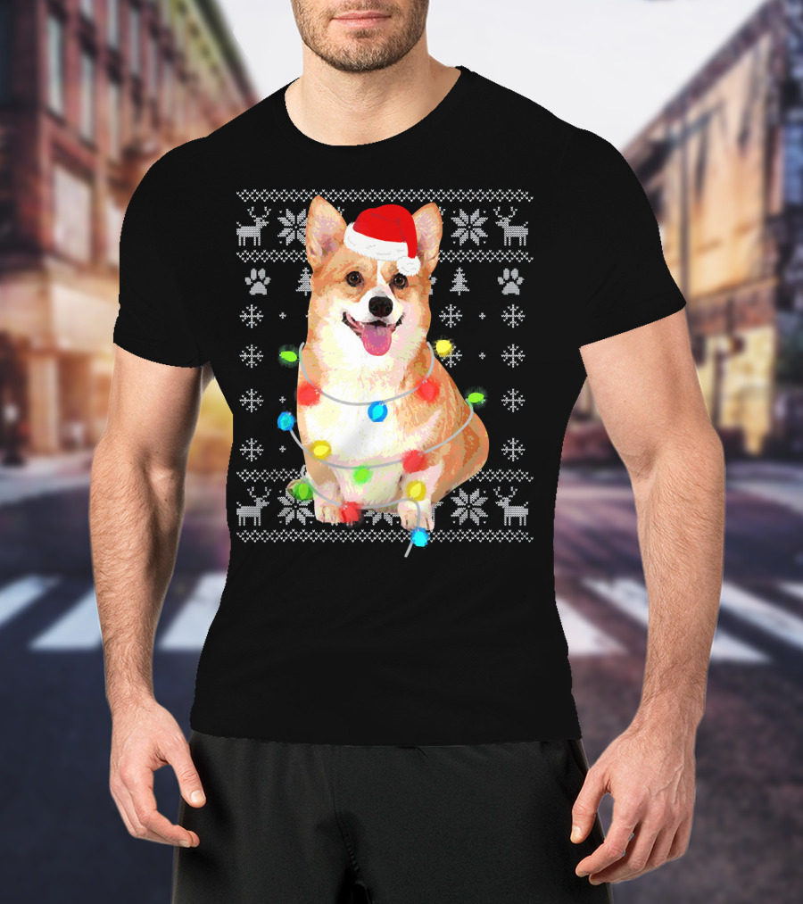 Corgi UglyStyle Christmas Lights Snowflakes Reindeer Dog T-Shirt