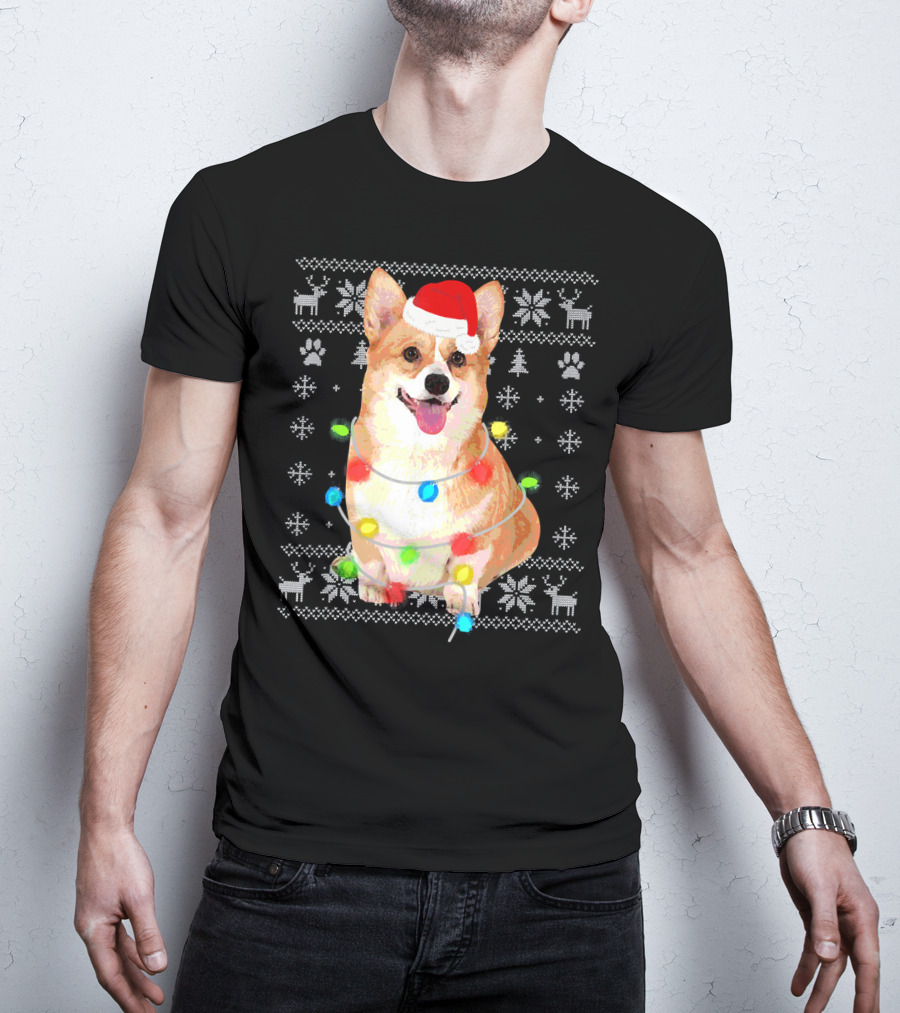 Corgi UglyStyle Christmas Lights Snowflakes Reindeer Dog T-Shirt