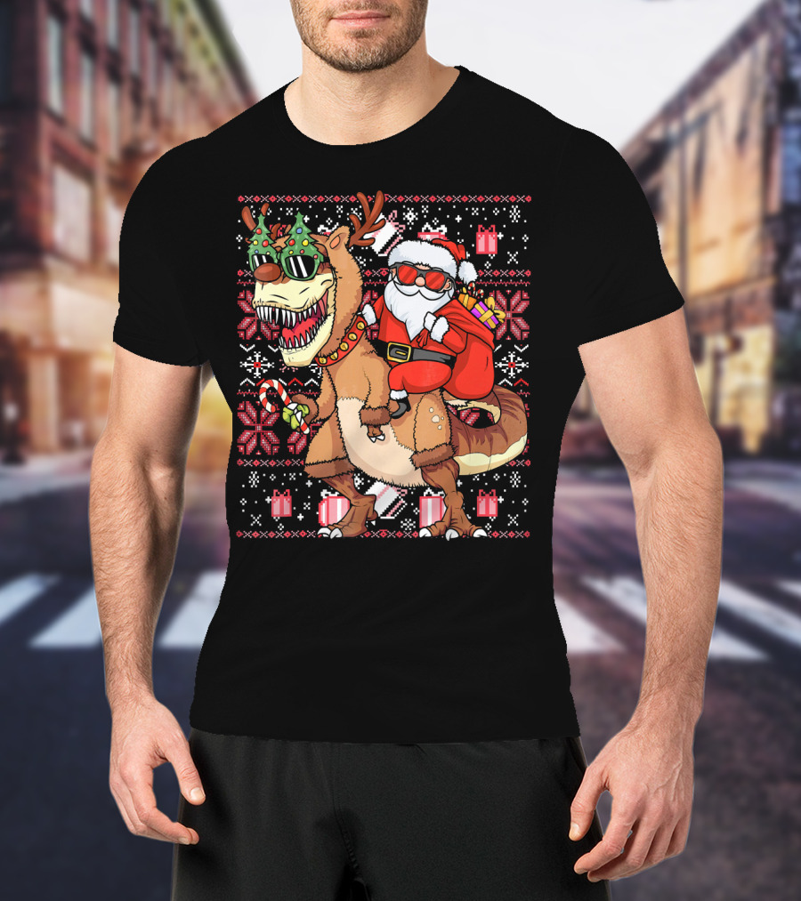 Santa Riding Trex Dinosaur Ugly Christmas T-Shirt
