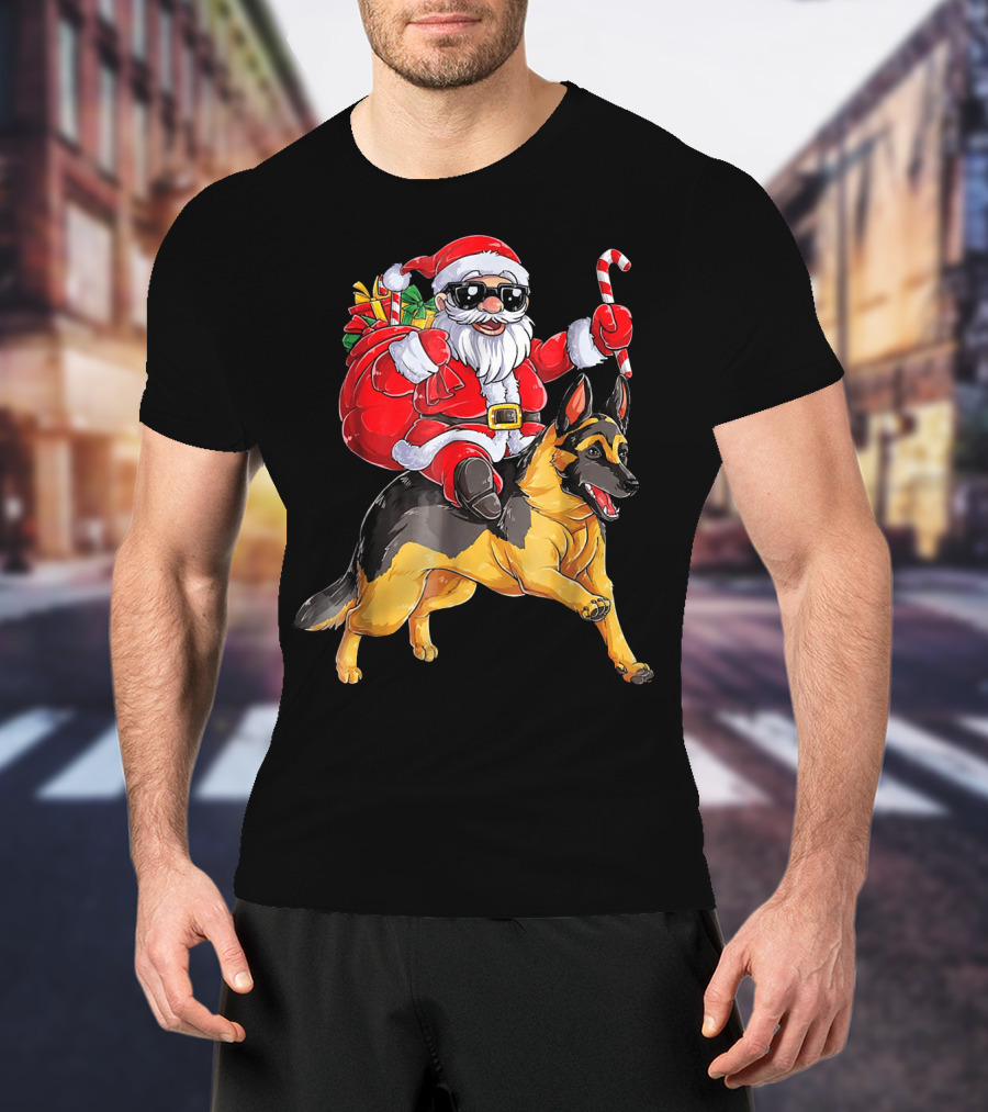 Santa Claus Riding German Shepherd With Candy Cane And Gifts T-Shirt