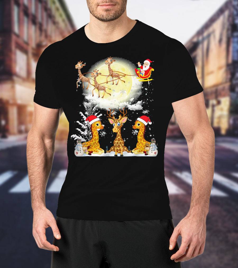 Santa's Sleigh Giraffes Christmas Moon Snowy Night Scene T-Shirt