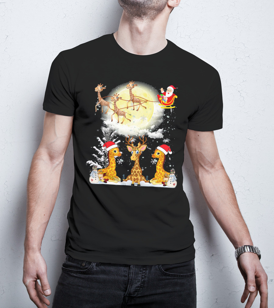 Santa's Sleigh Giraffes Christmas Moon Snowy Night Scene T-Shirt