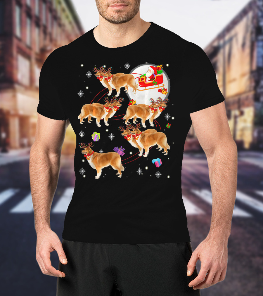 Rough Collie Reindeer Christmas Santa Sleigh Presents Snowflakes T-Shirt
