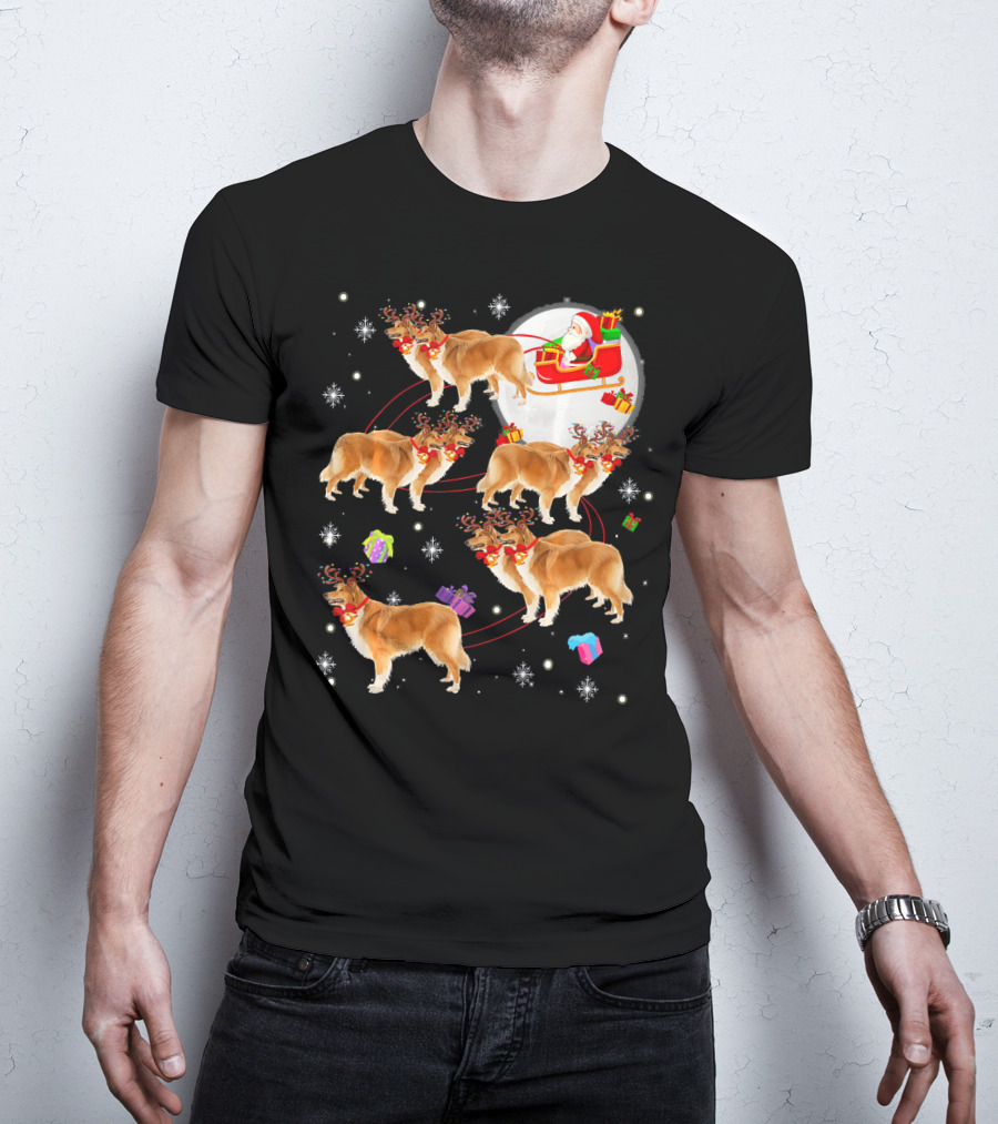 Rough Collie Reindeer Christmas Santa Sleigh Presents Snowflakes T-Shirt