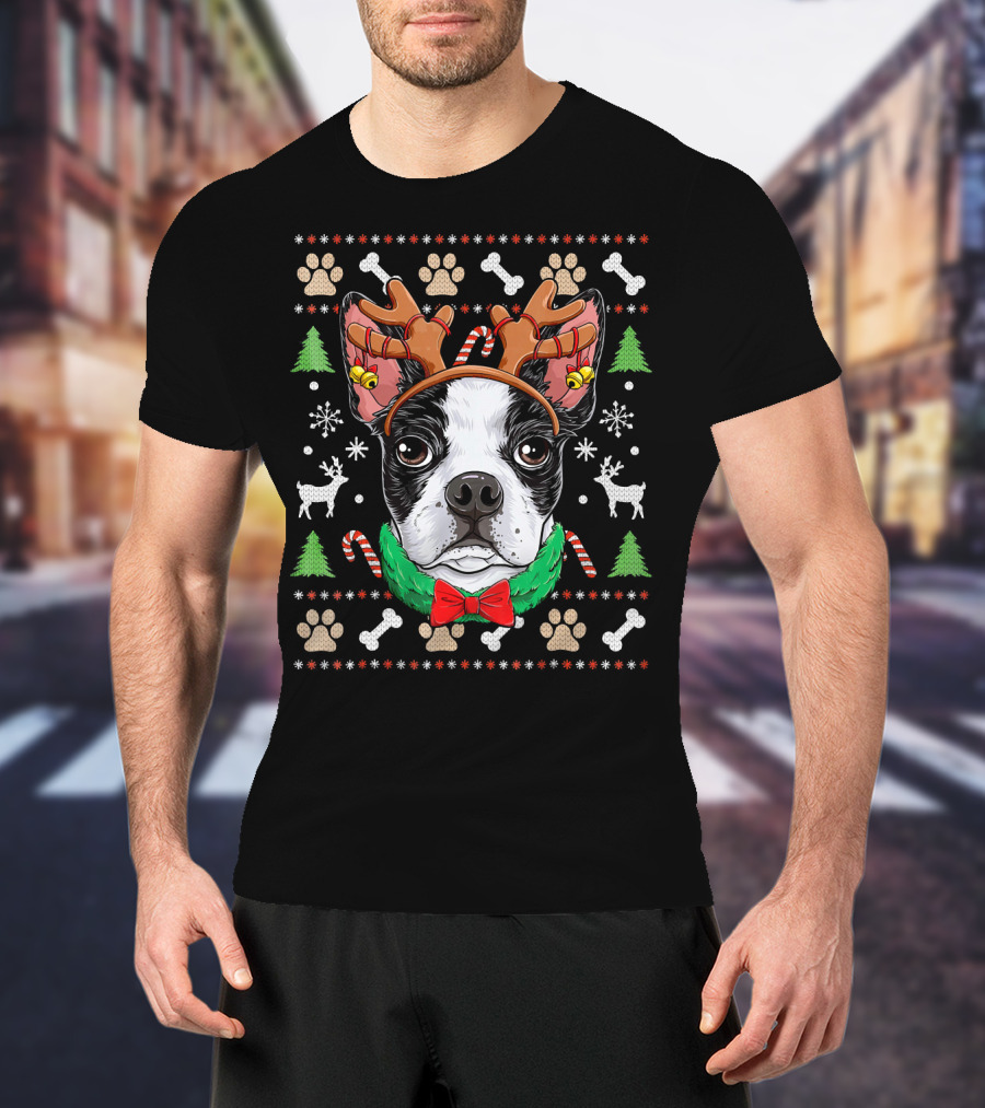 Boston Terrier Christmas Reindeer Antlers Candy Canes Snowflakes Paw Prints T-Shirt