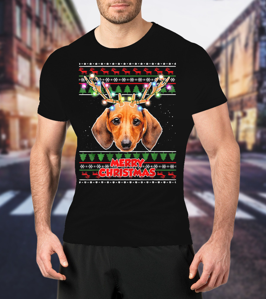 Merry Christmas Dachshund With Antler Ugly T-Shirt