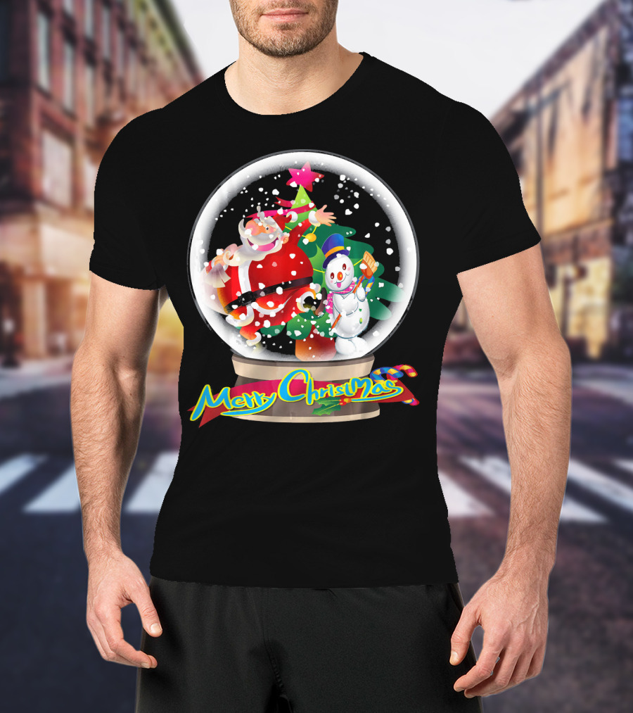 Merry Christmas Snow Globe Santa And Snowman Fun T-Shirt