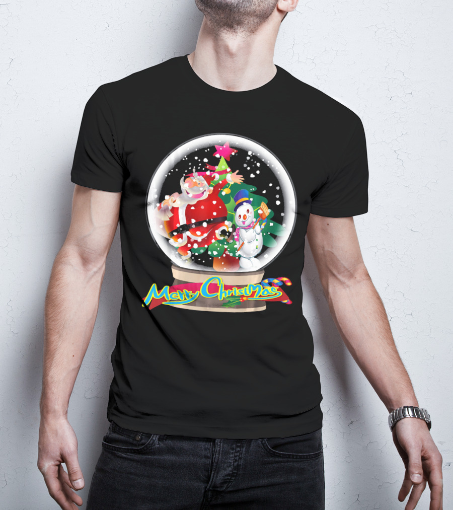 Merry Christmas Snow Globe Santa And Snowman Fun T-Shirt