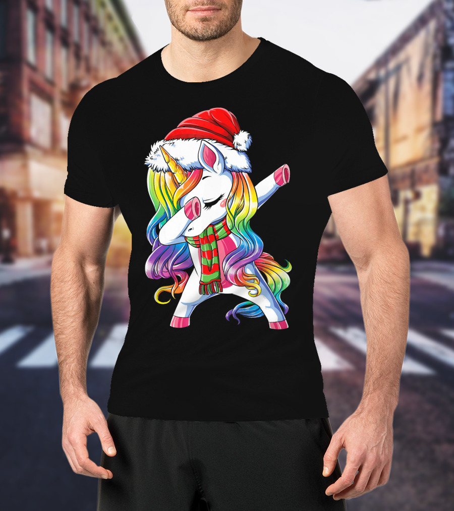 Dabbing Unicorn In Santa Hat With Rainbow Mane And Scarf For Christmas Girls T-Shirt