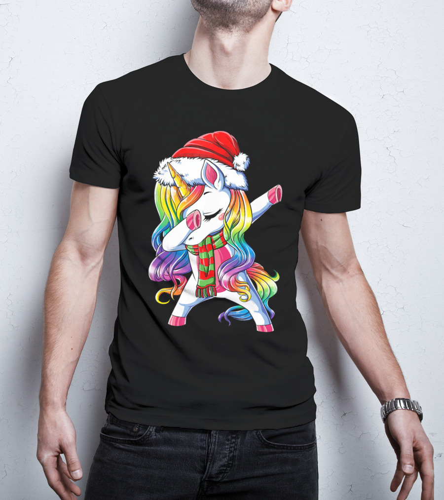 Dabbing Unicorn In Santa Hat With Rainbow Mane And Scarf For Christmas Girls T-Shirt