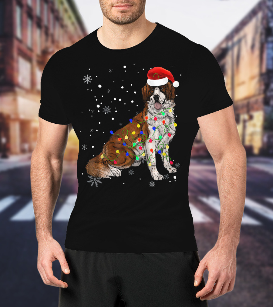 Bernard Dog Christmas Lights Santa Hat Snowflakes T-Shirt