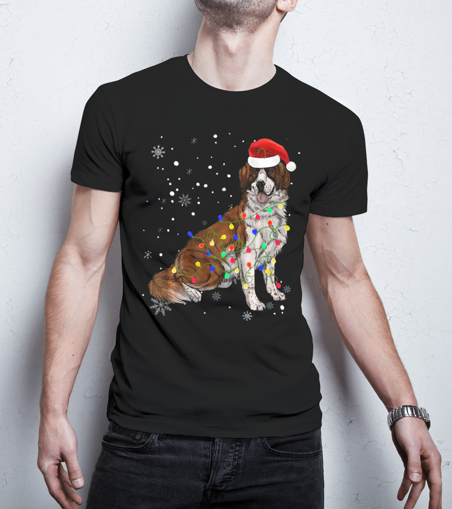 Bernard Dog Christmas Lights Santa Hat Snowflakes T-Shirt