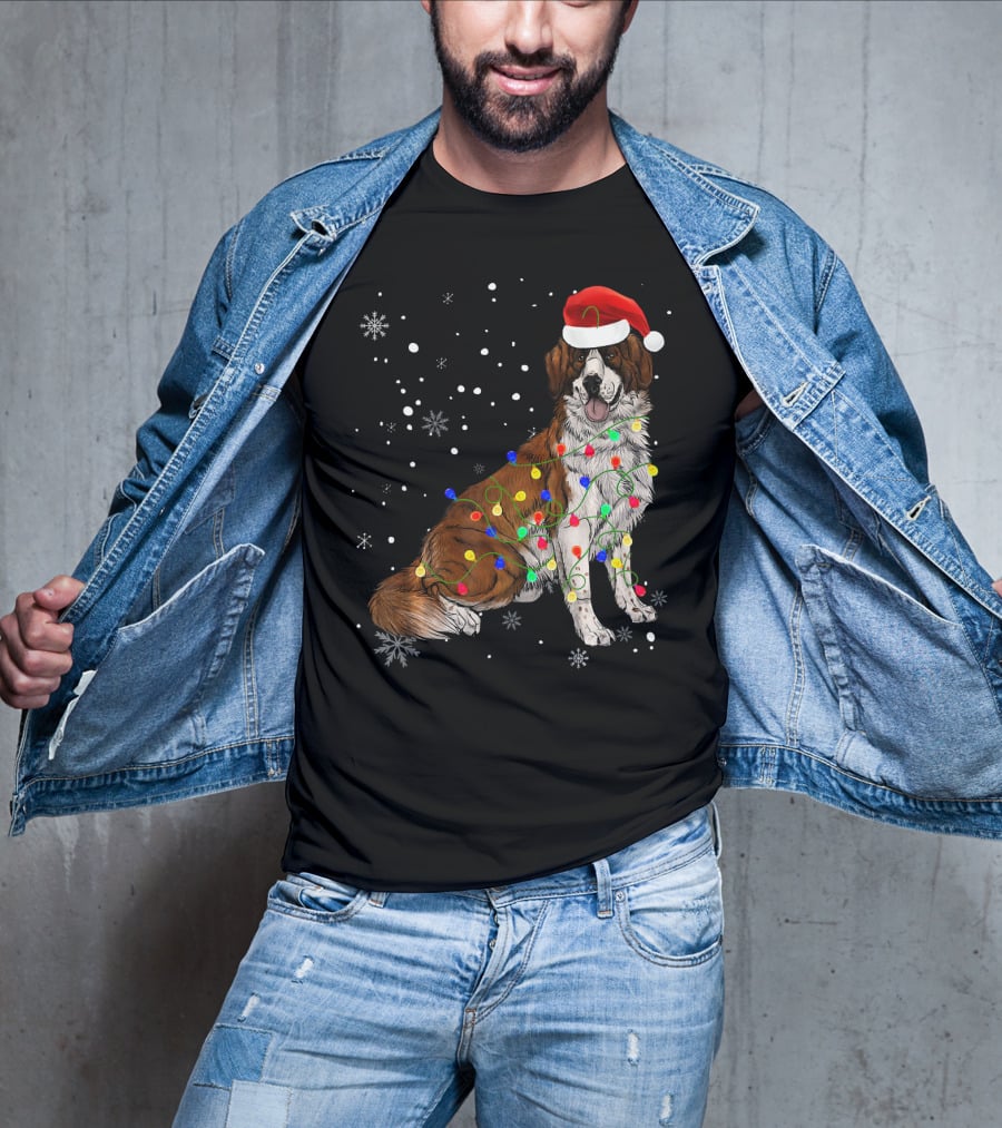 Bernard Dog Christmas Lights Santa Hat Snowflakes T-Shirt
