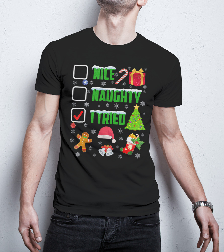 I Tried Nice Naughty Christmas Humor Candy Cane Gingerbread Santa Hat T-Shirt