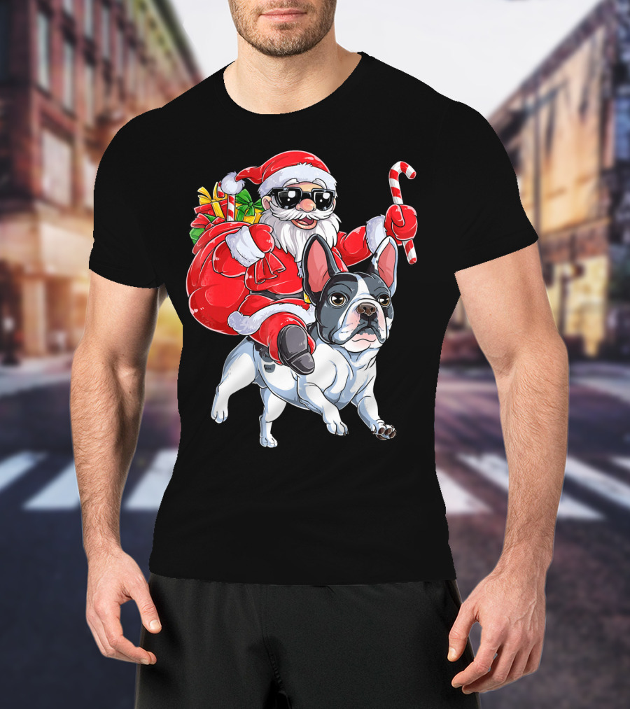 French Bulldog Christmas Santa Claus Cane Sleigh T-Shirt