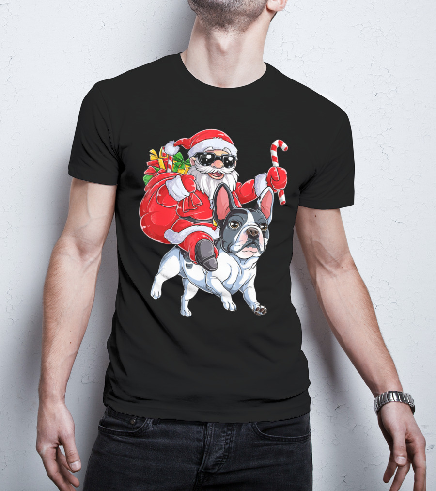 French Bulldog Christmas Santa Claus Cane Sleigh T-Shirt