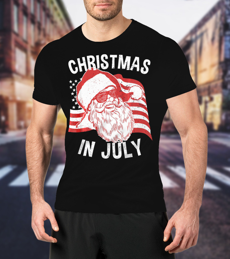 Christmas In July Retro Hipster Santa With American Flag And Shades T-Shirt