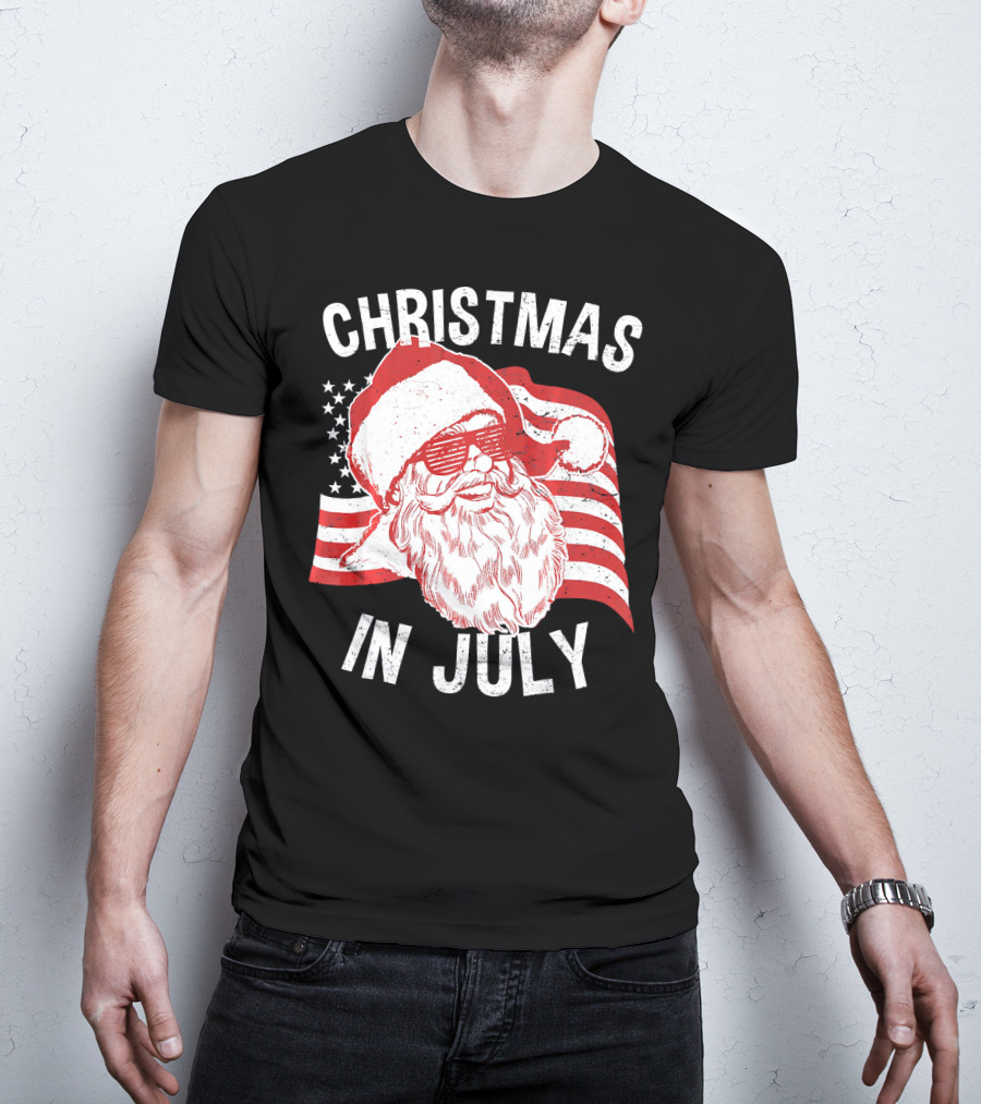 Christmas In July Retro Hipster Santa With American Flag And Shades T-Shirt