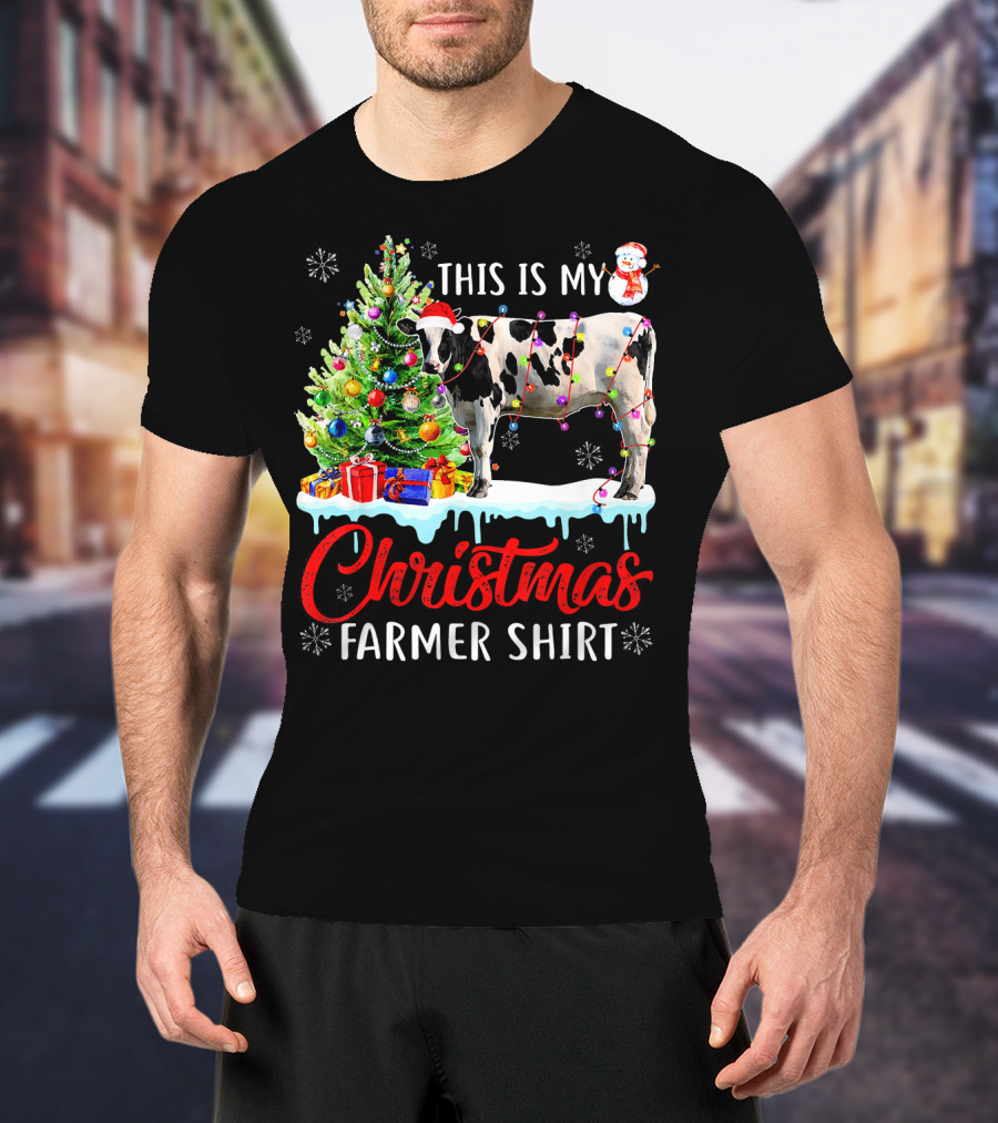 This Is My Christmas Farmer Shirt Cow Santa Hat Snowman Lights Tree T-Shirt