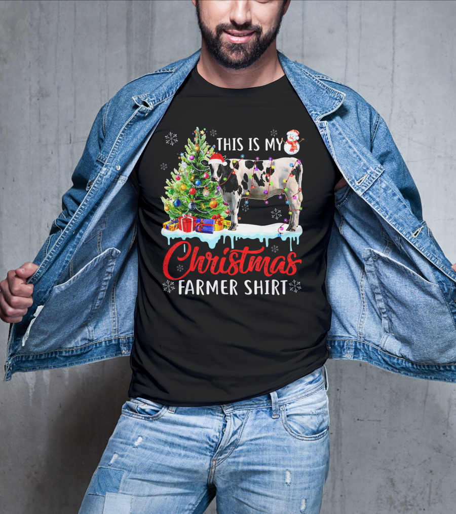 This Is My Christmas Farmer Shirt Cow Santa Hat Snowman Lights Tree T-Shirt