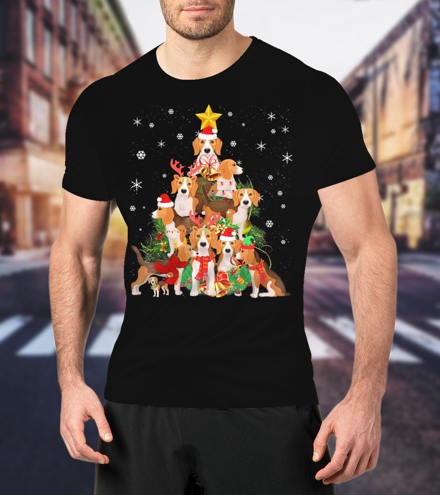 Beagles Christmas Tree With Festive Santa Hats And Reindeer Antlers T-Shirt