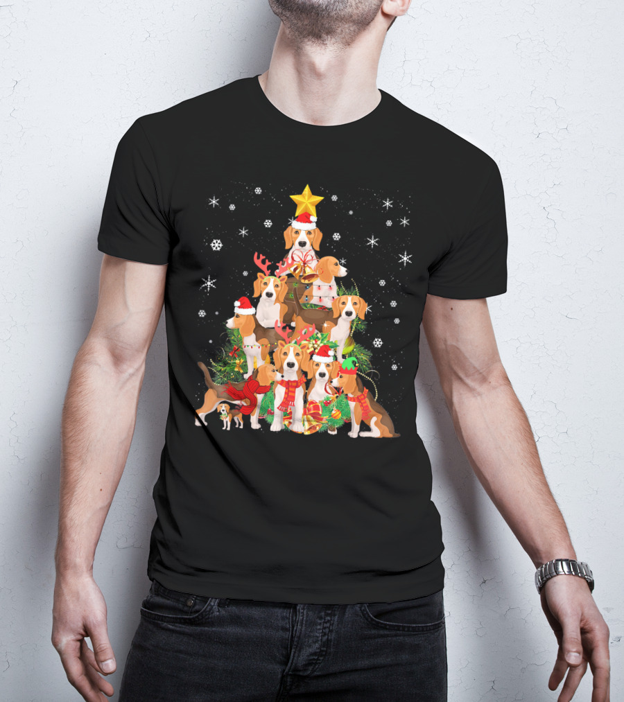 Beagles Christmas Tree With Festive Santa Hats And Reindeer Antlers T-Shirt