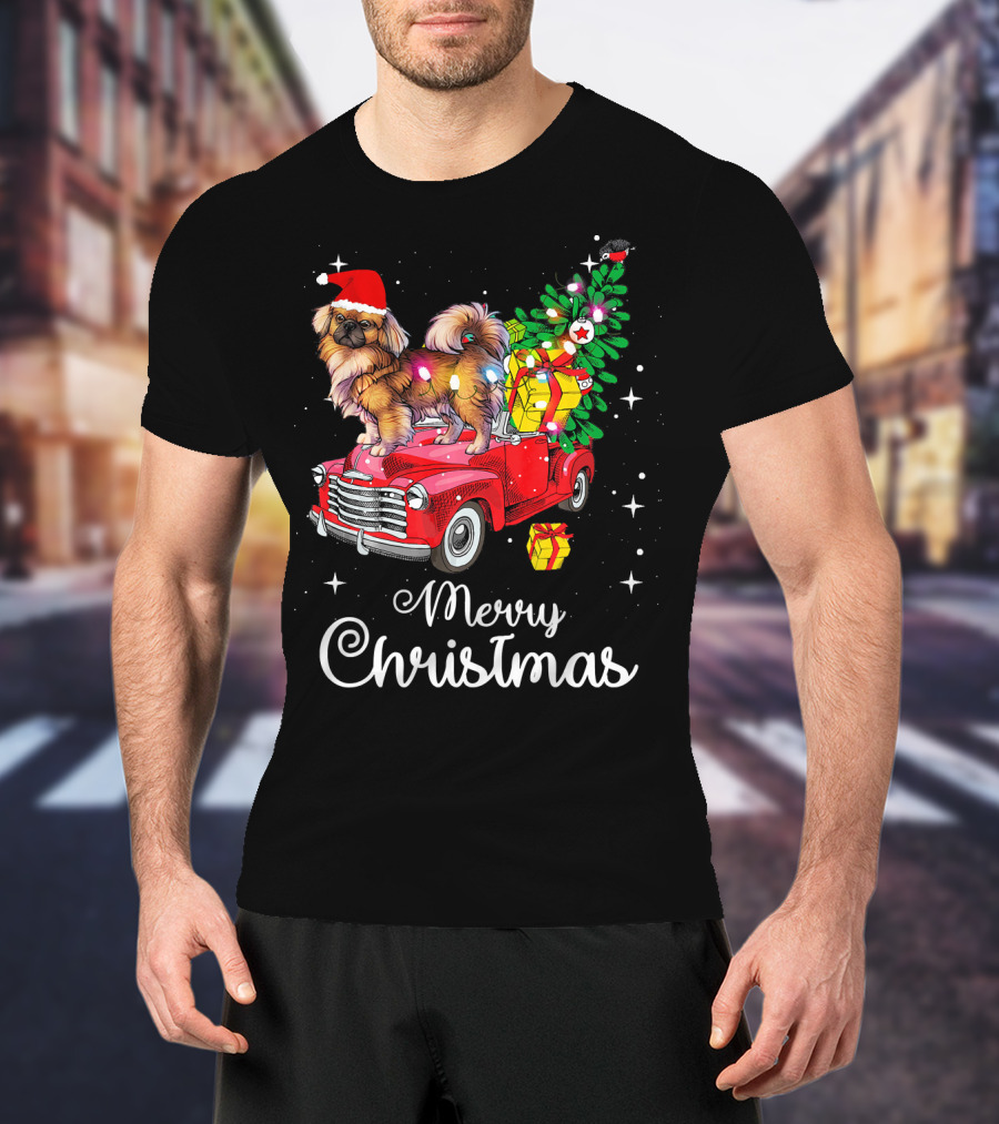 Merry Christmas Pekingese Rides Red Truck With Santa Hat And Holiday Gifts T-Shirt