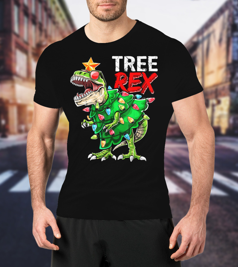Tree Rex Dinosaur Christmas Tree With Festive Lights And Star T-Shirt