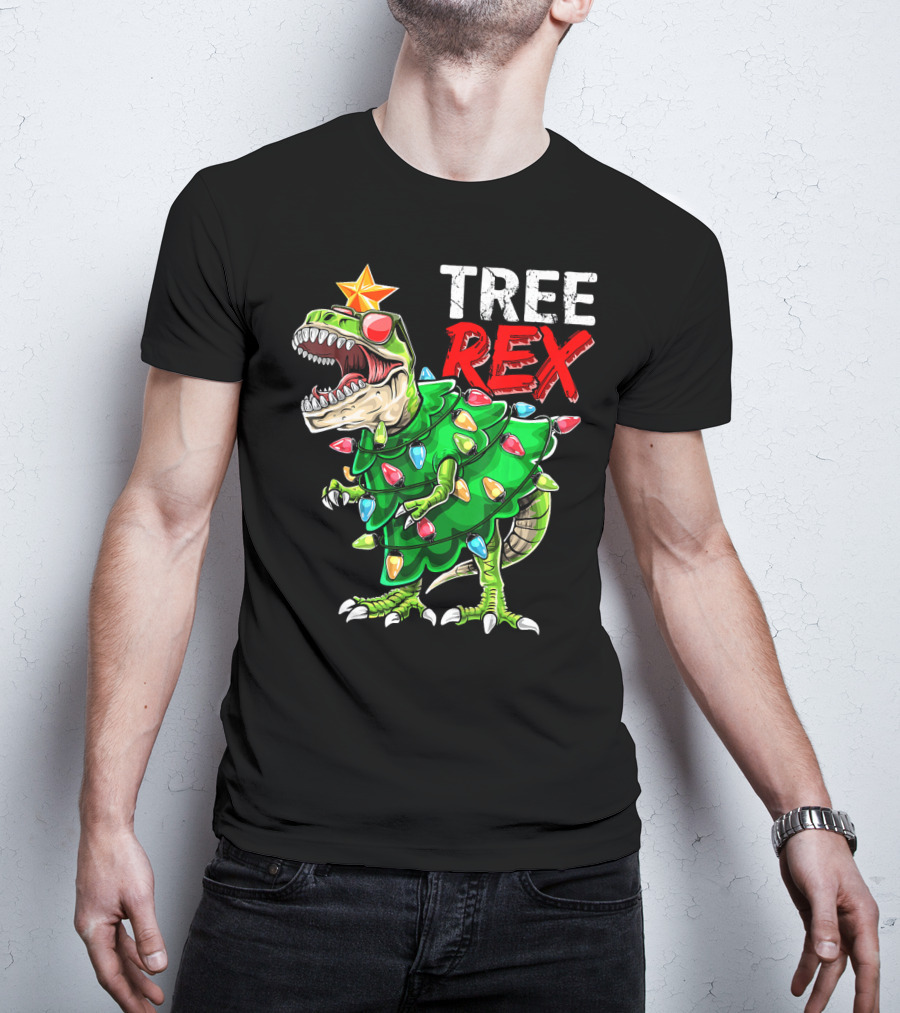 Tree Rex Dinosaur Christmas Tree With Festive Lights And Star T-Shirt