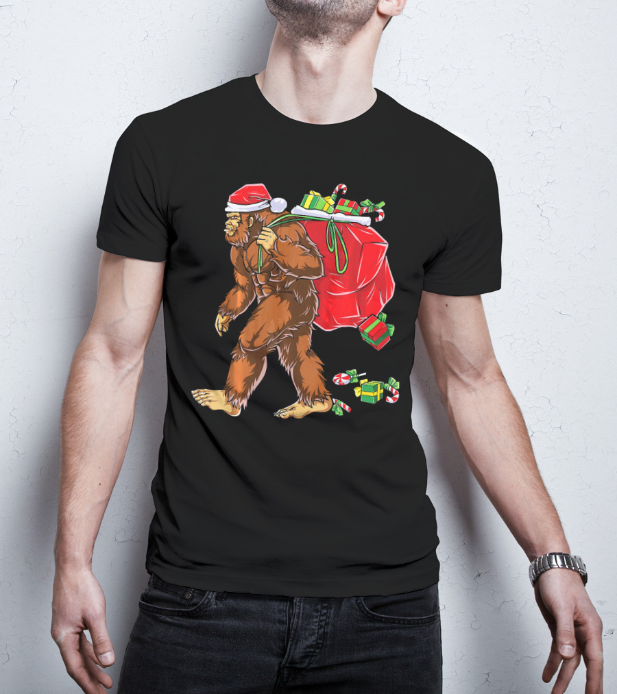 Bigfoot Santa Carrying Gifts With Candy Canes T-Shirt