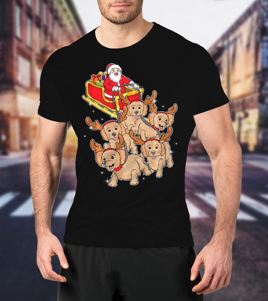 Santa Riding Sleigh With Adorable Goldendoodles As Reindeer T-Shirt