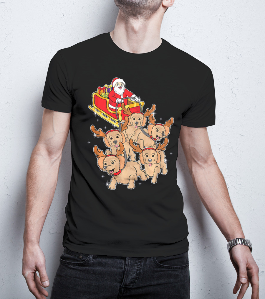 Santa Riding Sleigh With Adorable Goldendoodles As Reindeer T-Shirt
