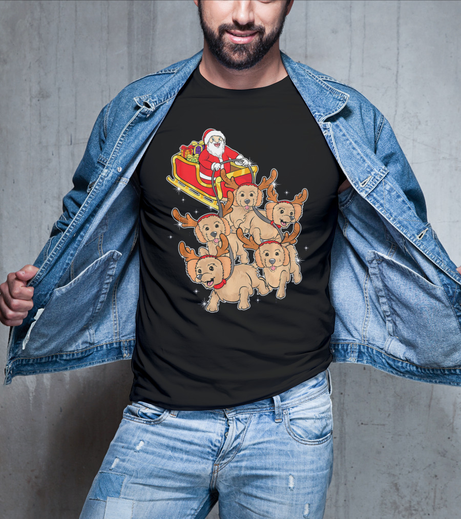 Santa Riding Sleigh With Adorable Goldendoodles As Reindeer T-Shirt
