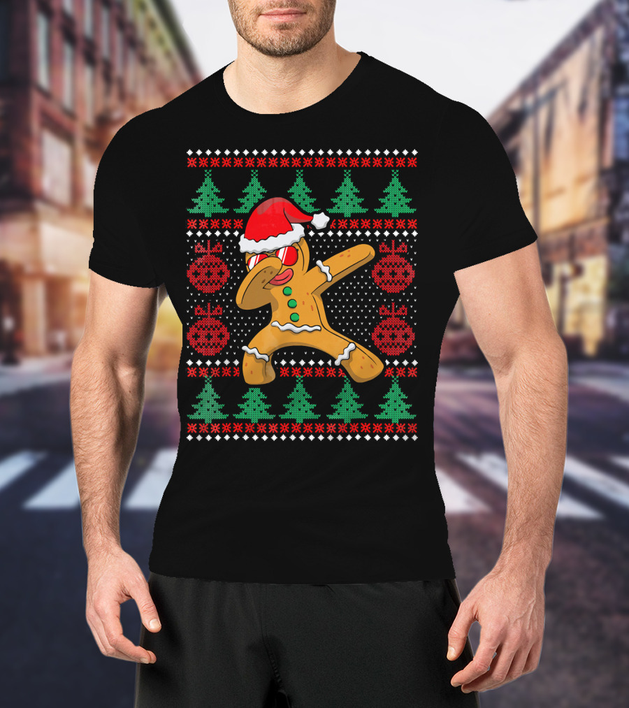 Ugly Christmas Gingerbread Dabbing Santa Hat Festive T-Shirt
