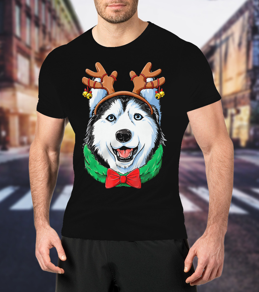 Siberian Husky With Reindeer Antlers Christmas Wreath Bow And Bells T-Shirt