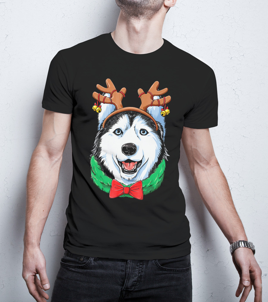 Siberian Husky With Reindeer Antlers Christmas Wreath Bow And Bells T-Shirt