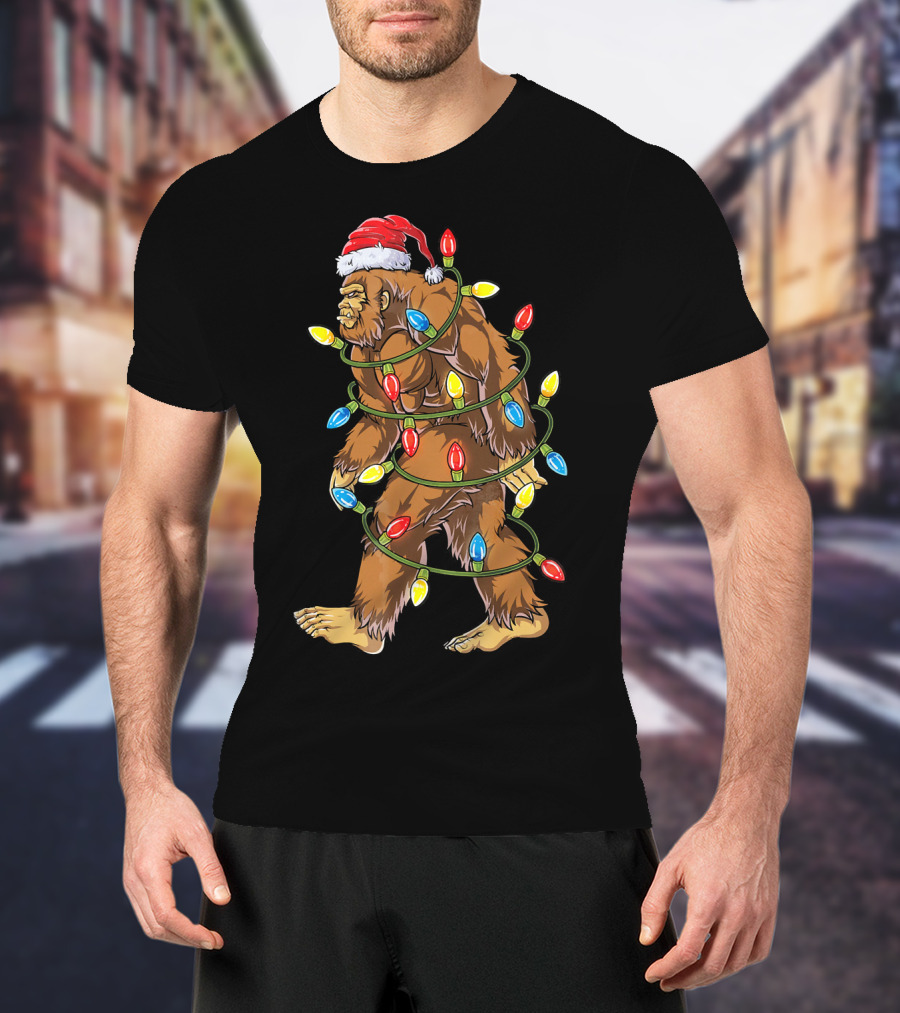 Bigfoot Santa Wrapped In Christmas Lights T-Shirt