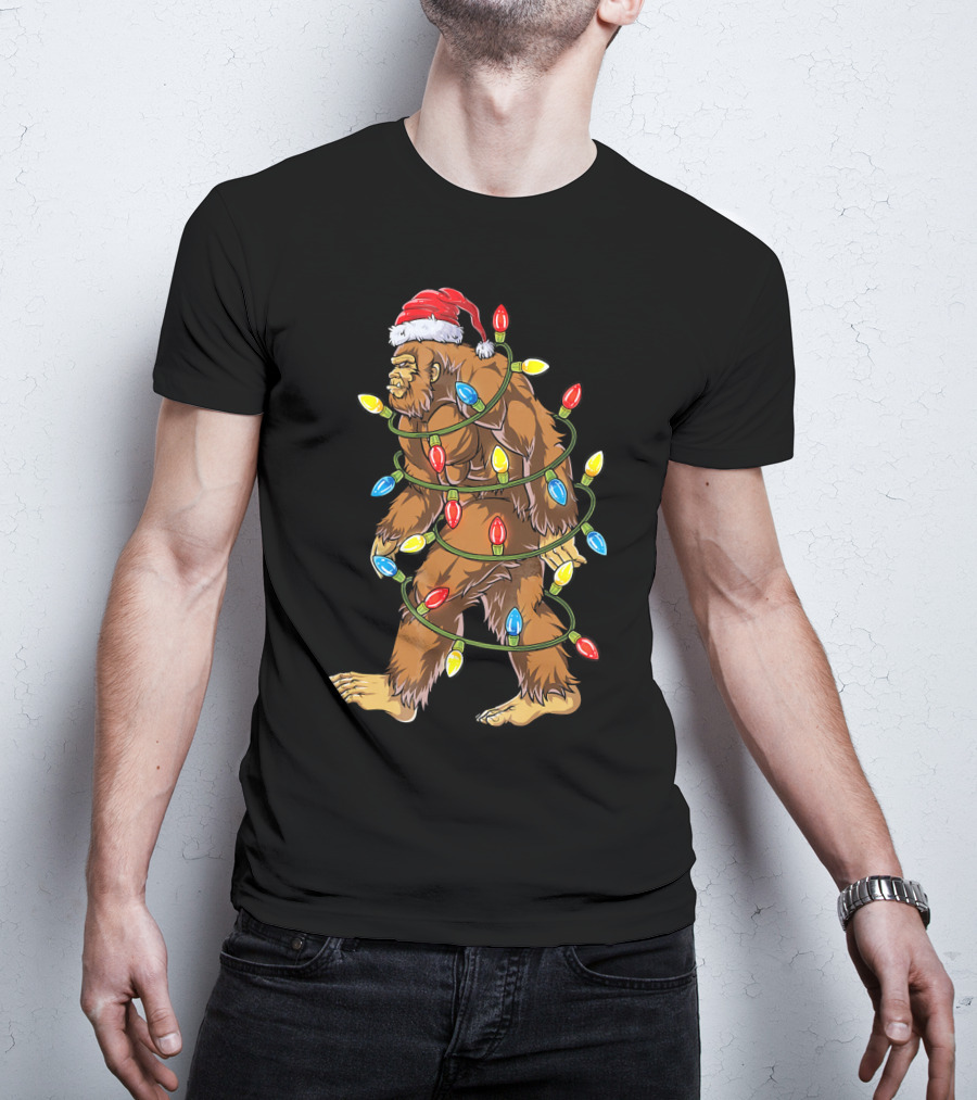 Bigfoot Santa Wrapped In Christmas Lights T-Shirt