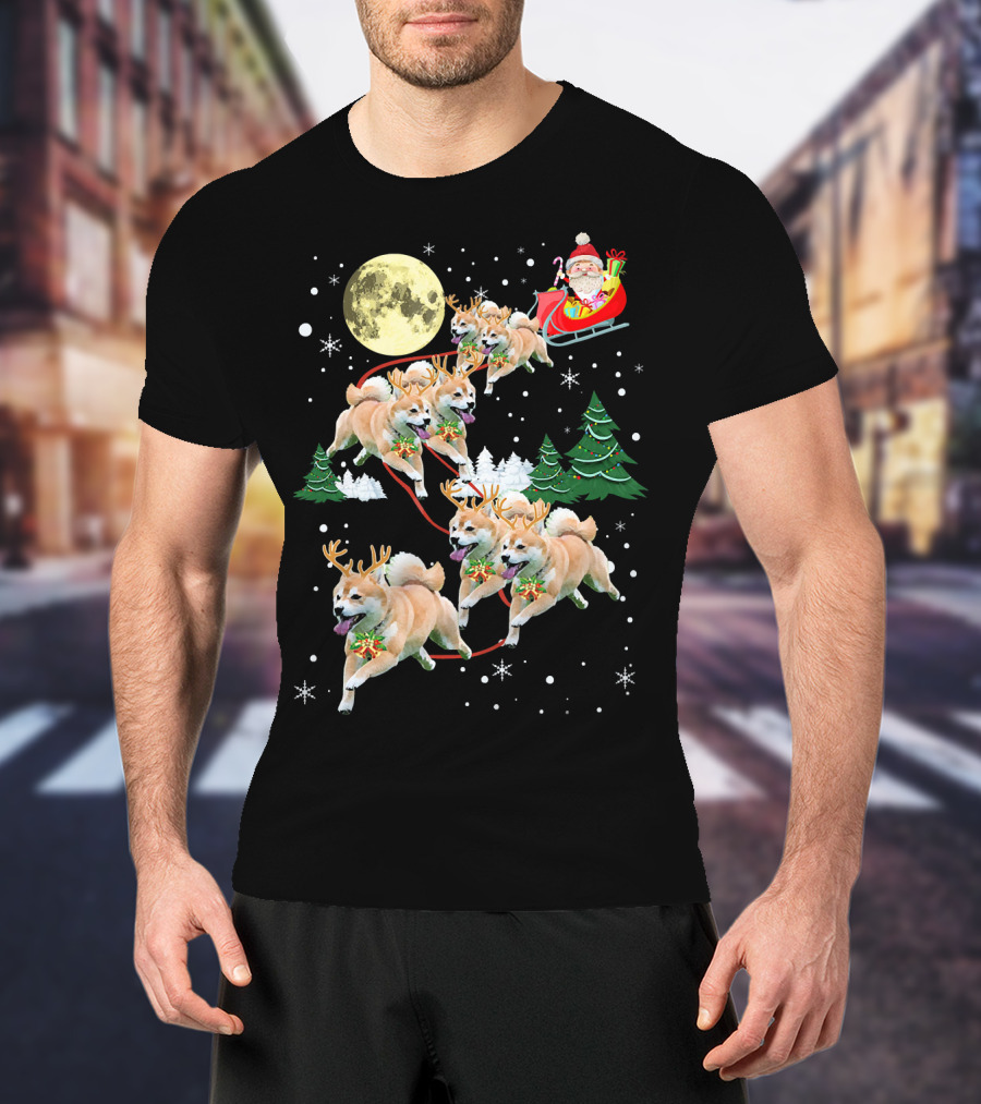 Santa's Shiba Inu Sleigh Ride Under Full Moon T-Shirt