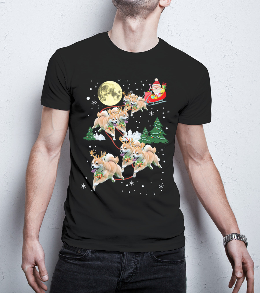 Santa's Shiba Inu Sleigh Ride Under Full Moon T-Shirt